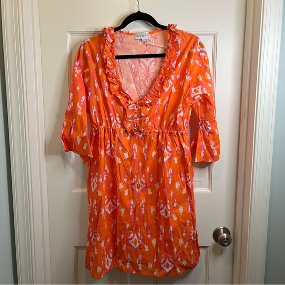 NWT Mud Pie Tangerine Ikat Print Ruffle Bell Sleeve Dress/Swim Coverup
